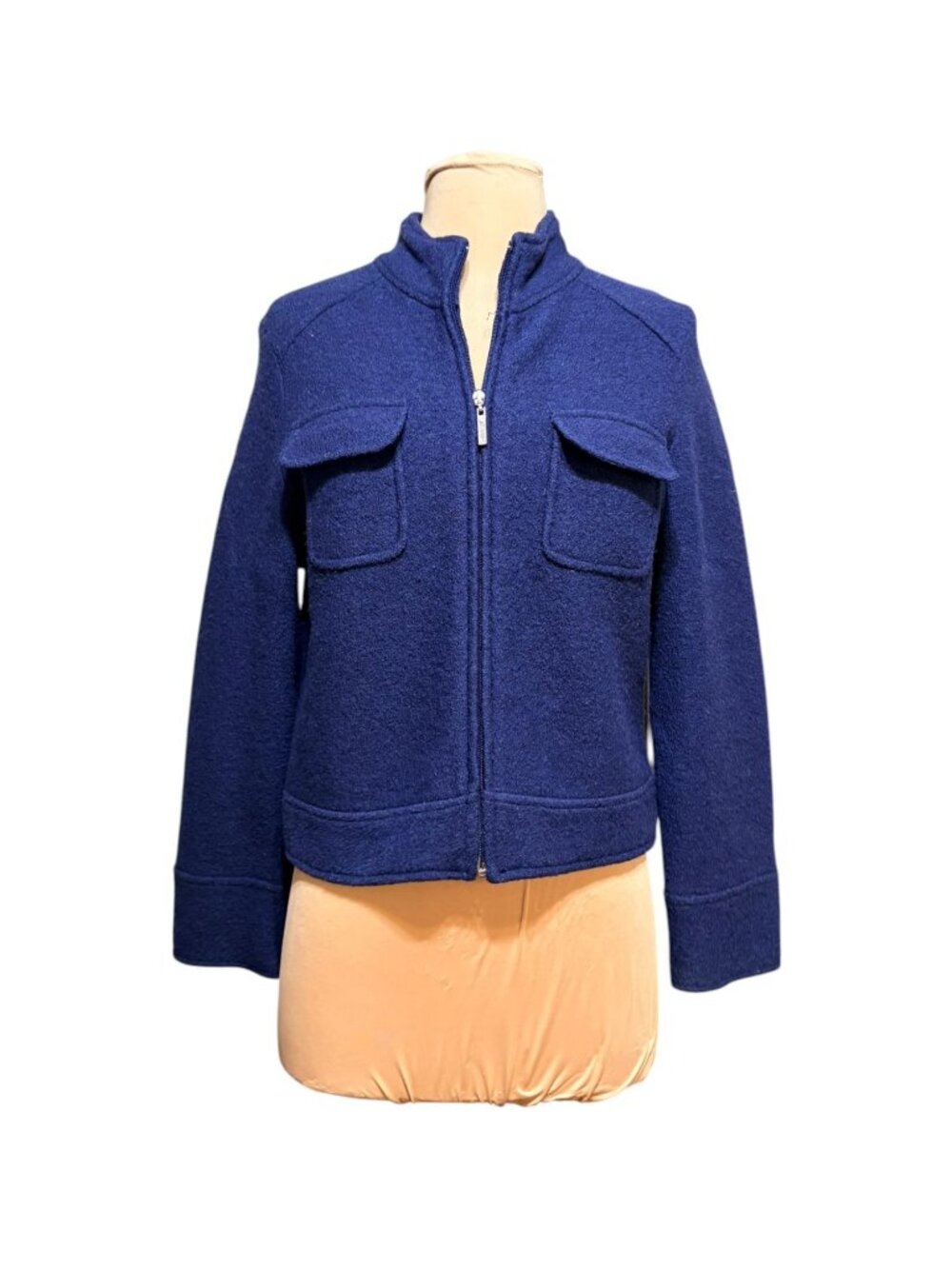 Navy Blue Boiled Wool Jacket Women M Pockets Classic Luxury Like New